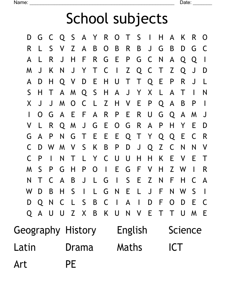 School subjects Word Search