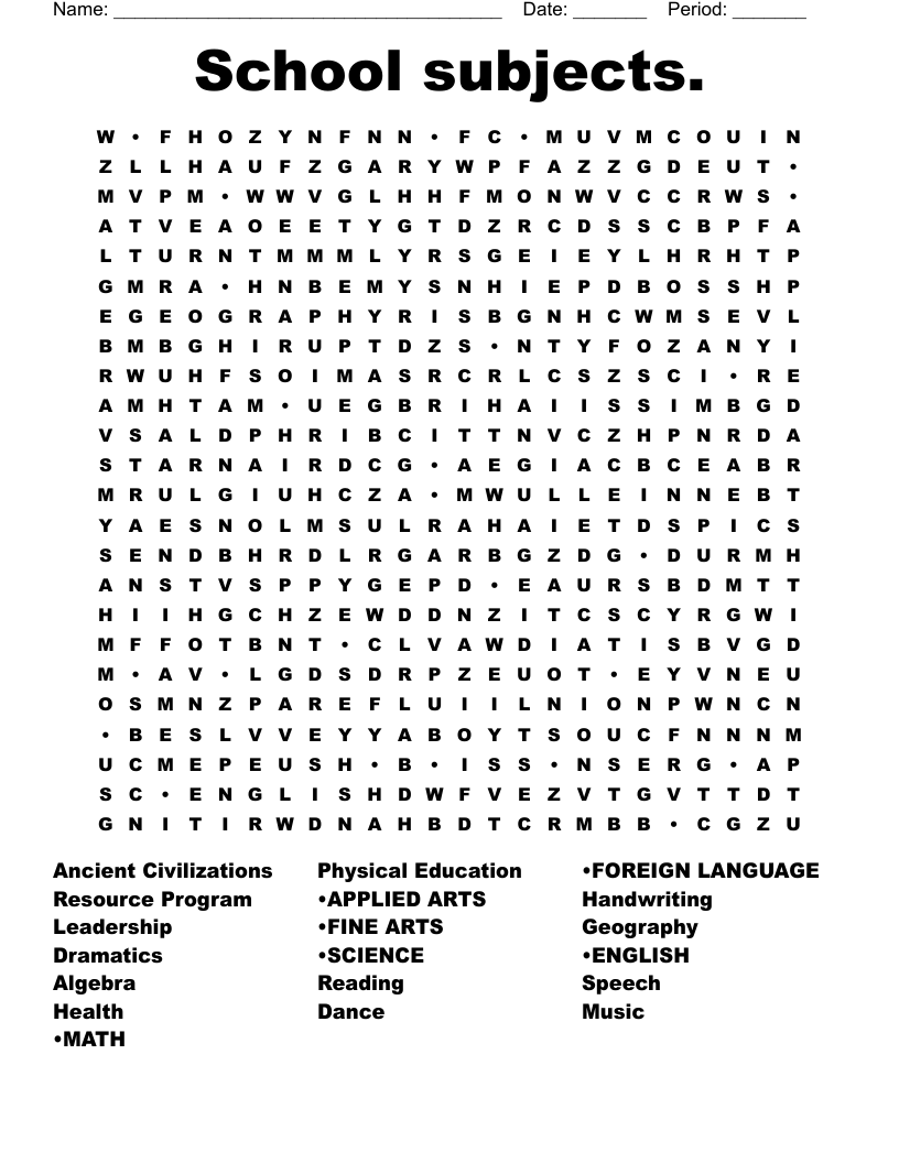 School subjects. Word Search