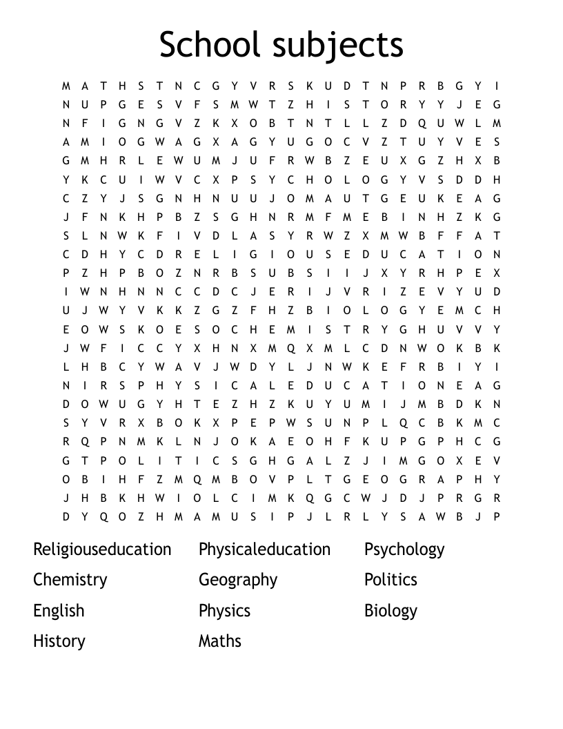 School subjects Word Search