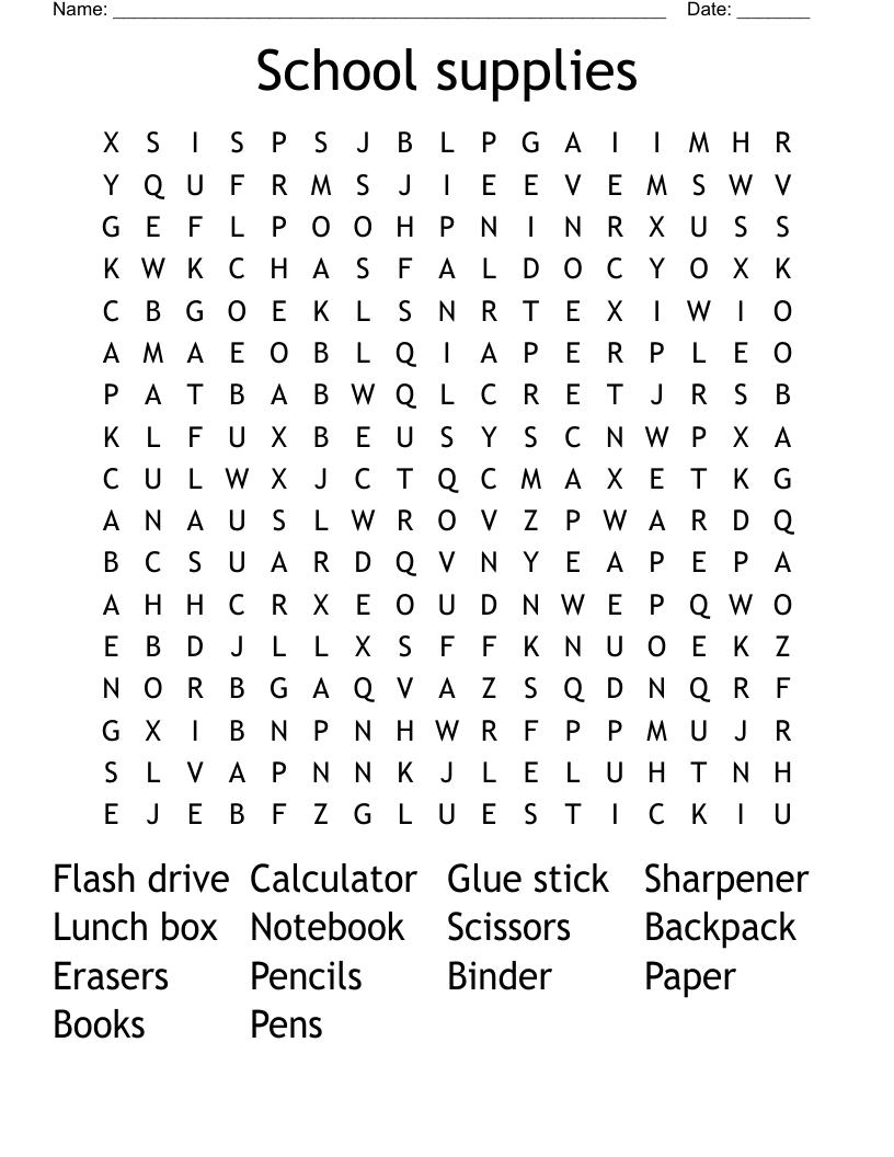 School supplies Word Search