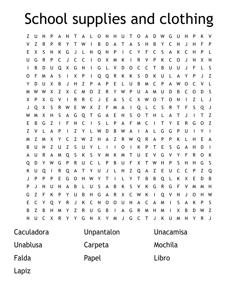 School supplies and clothing Word Search