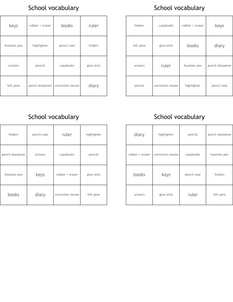 School vocabulary Bingo Cards
