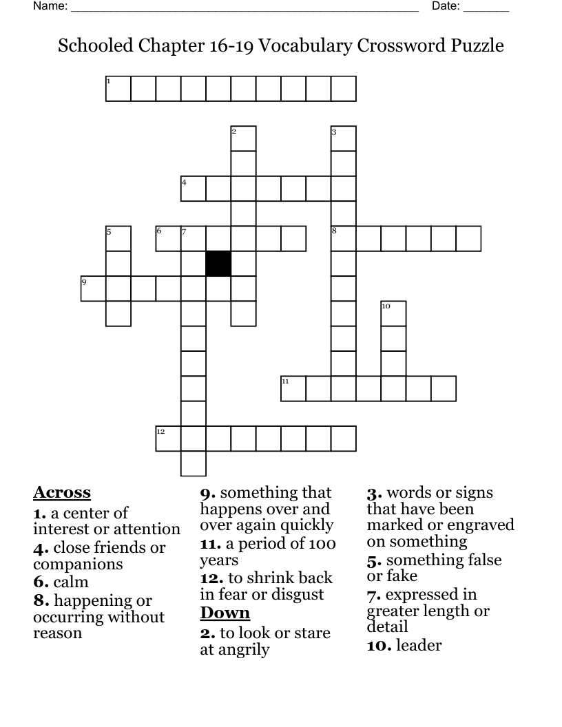 Schooled Chapter 16-19 Vocabulary Crossword Puzzle