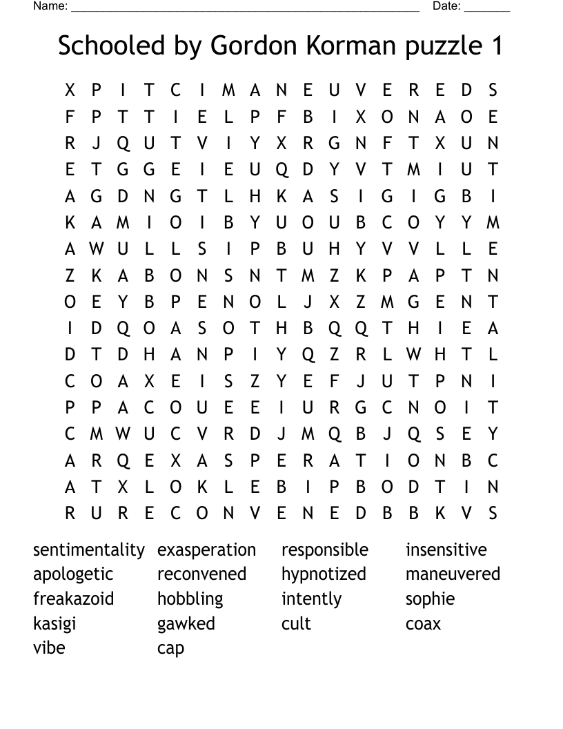Schooled by Gordon Korman puzzle 1 Word Search