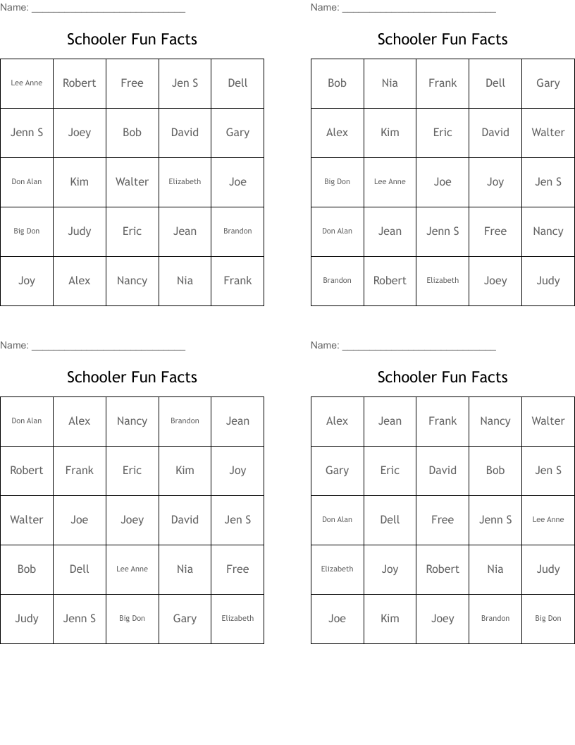 Schooler Fun Facts Bingo Cards