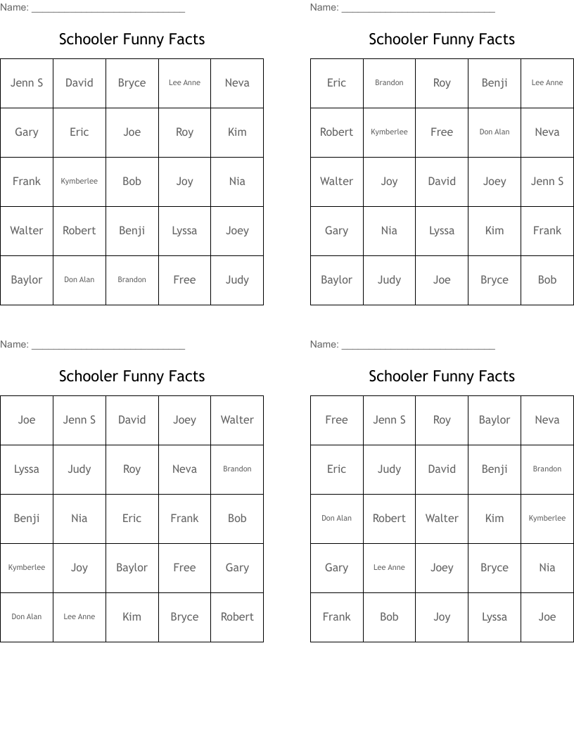 Schooler Funny Facts Bingo Cards