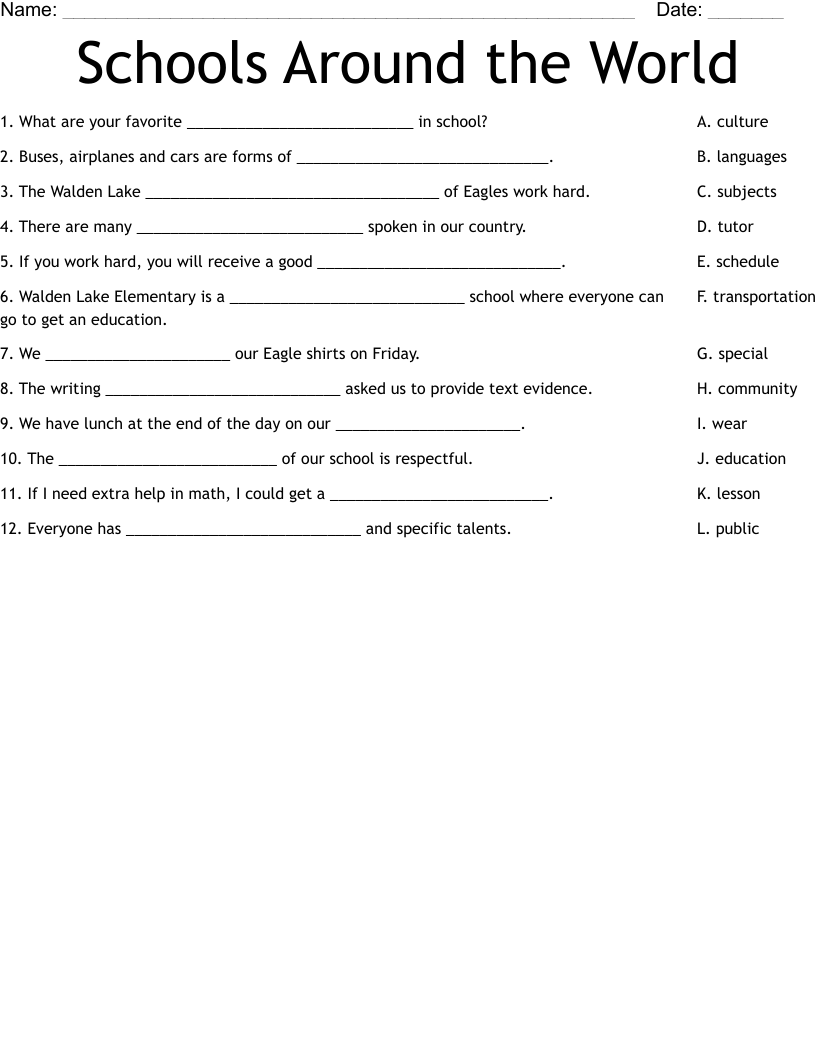 Schools Around the World Worksheet