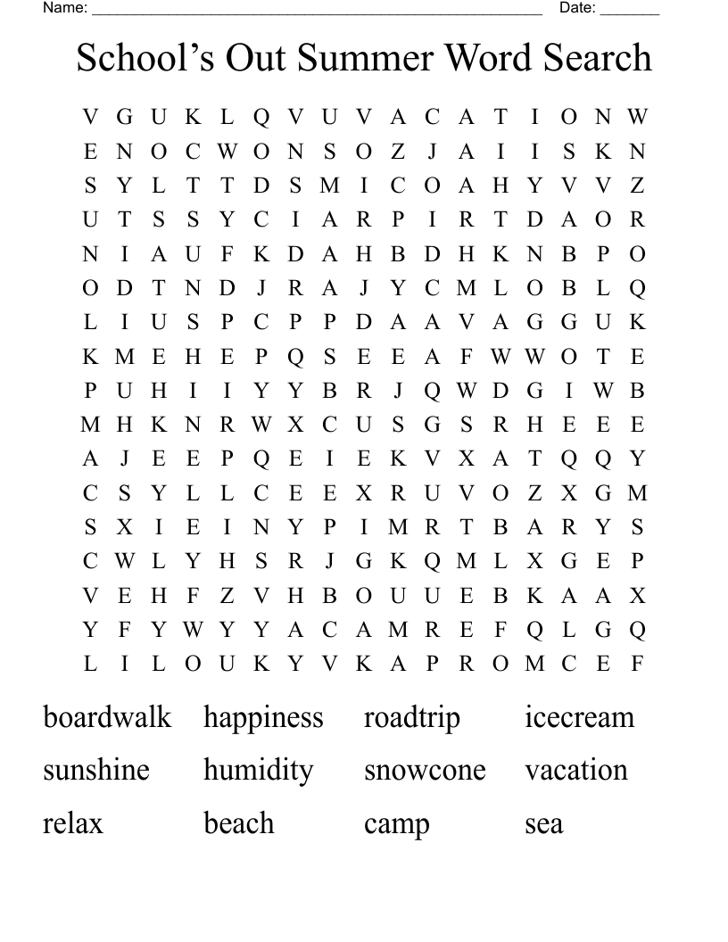 School’s Out Summer Word Search