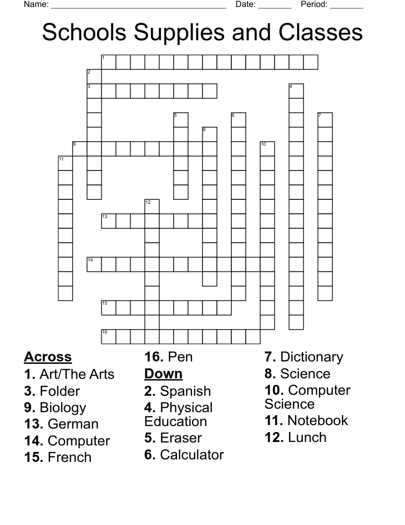 Schools Supplies and Classes Crossword
