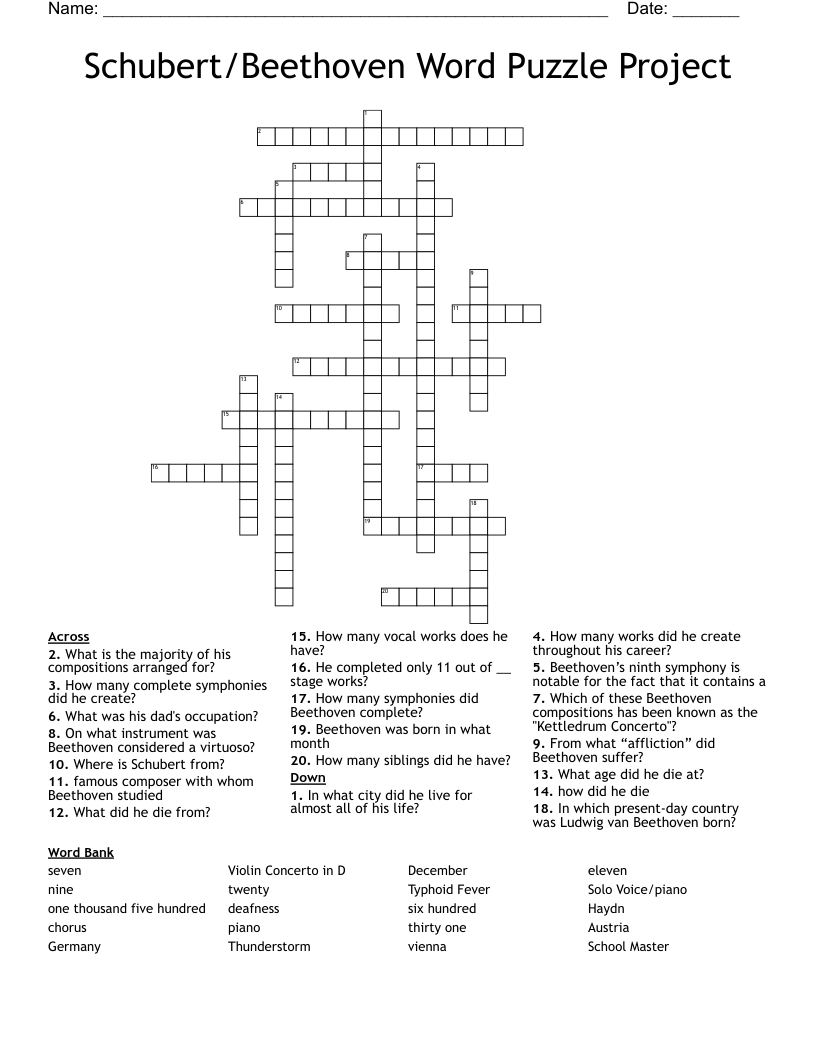 Schubert/Beethoven Word Puzzle Project Crossword