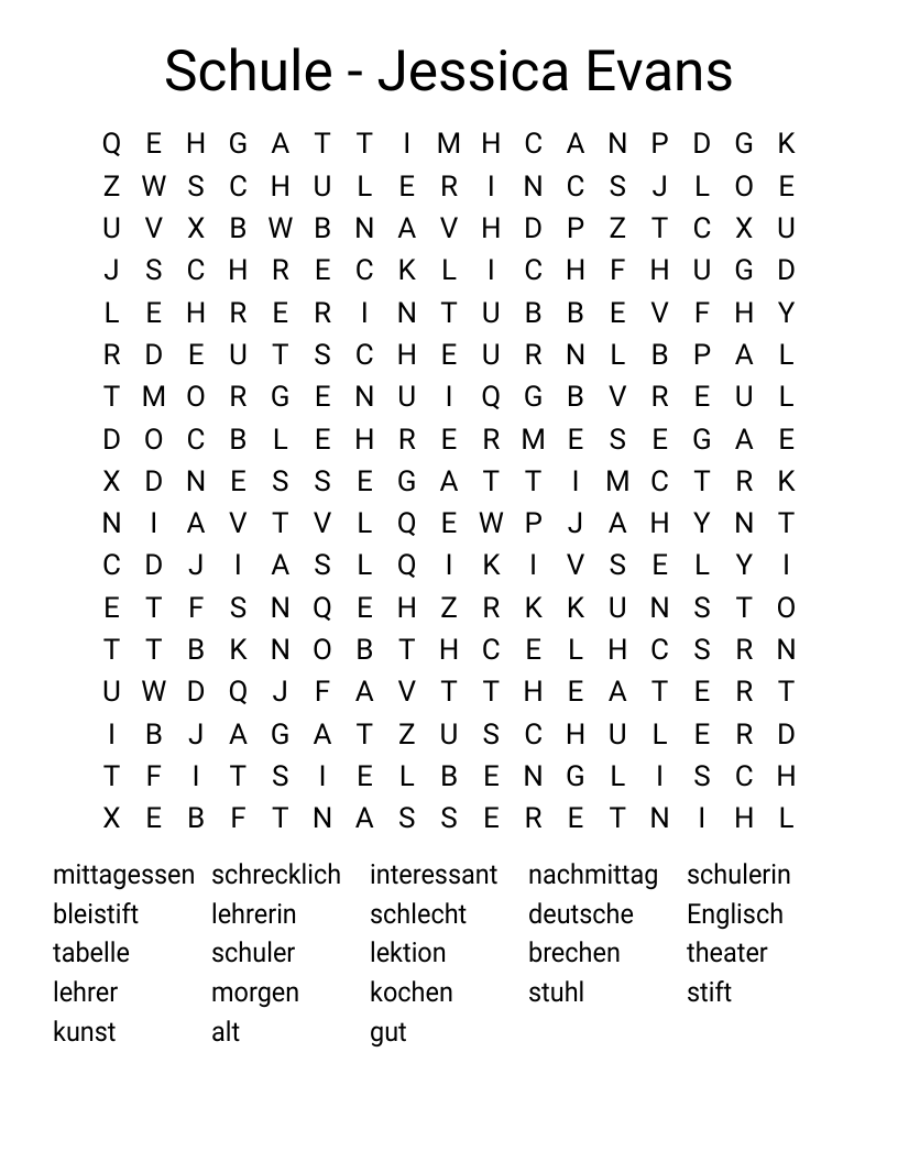 Schule - Jessica Evans Word Search