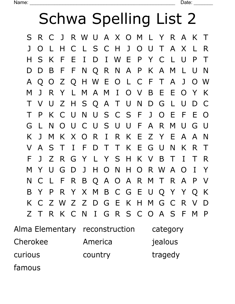 Schwa Spelling List 2 Word Search