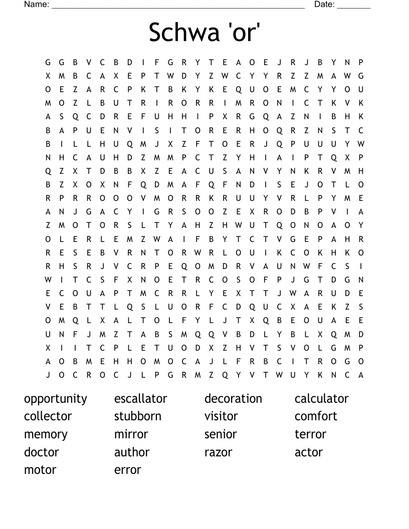 Schwa 'or' Word Search