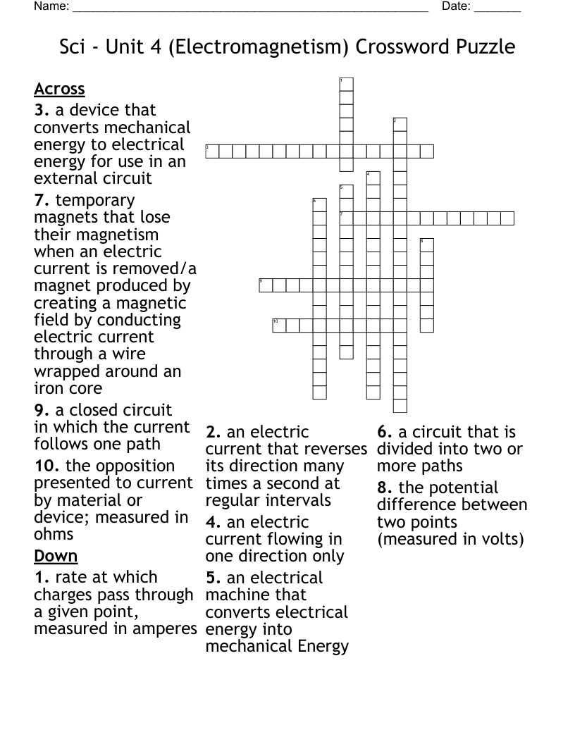 Sci - Unit 4 (Electromagnetism) Crossword Puzzle