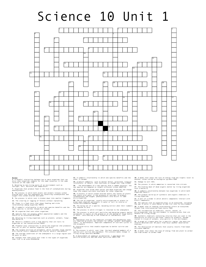 Science 10 Unit 1  Crossword