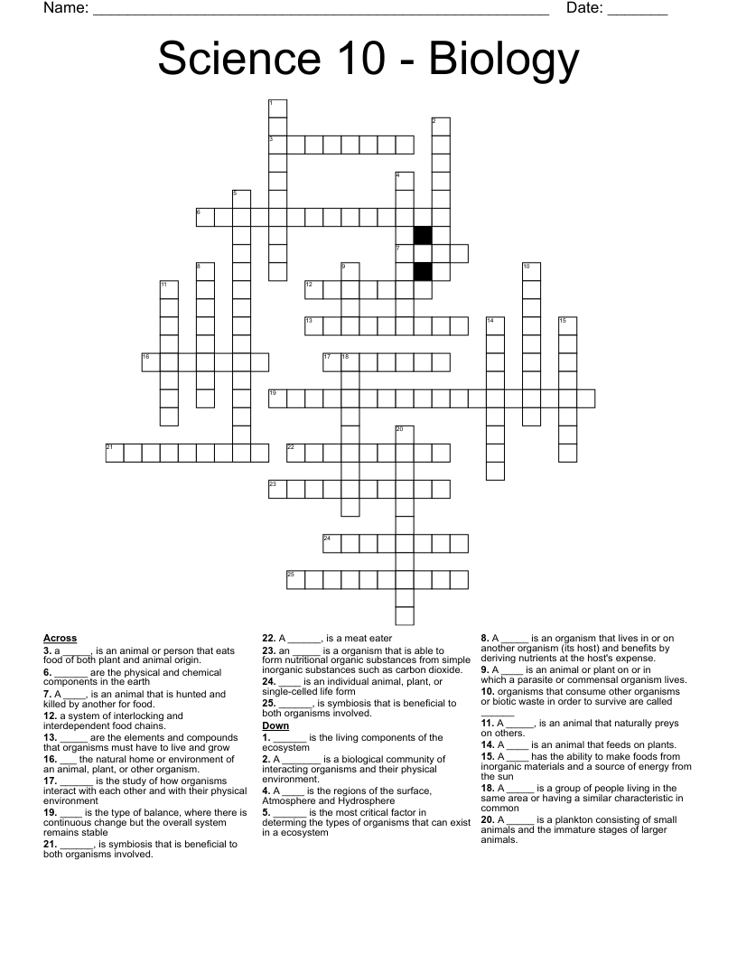 Science 10 - Biology  Crossword