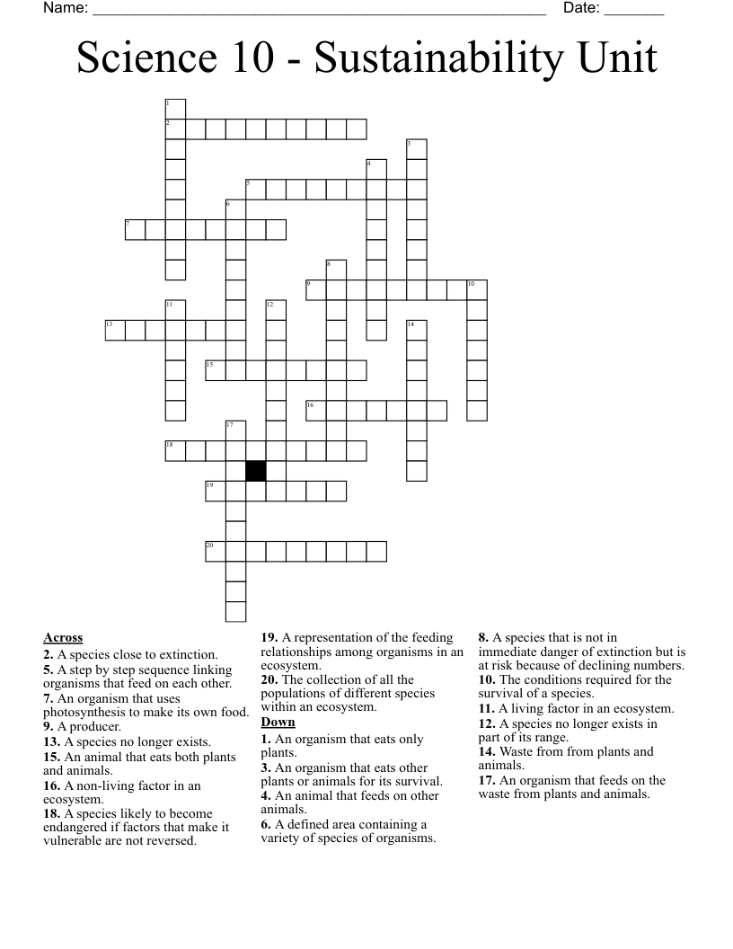Science 10 - Sustainability Unit Crossword