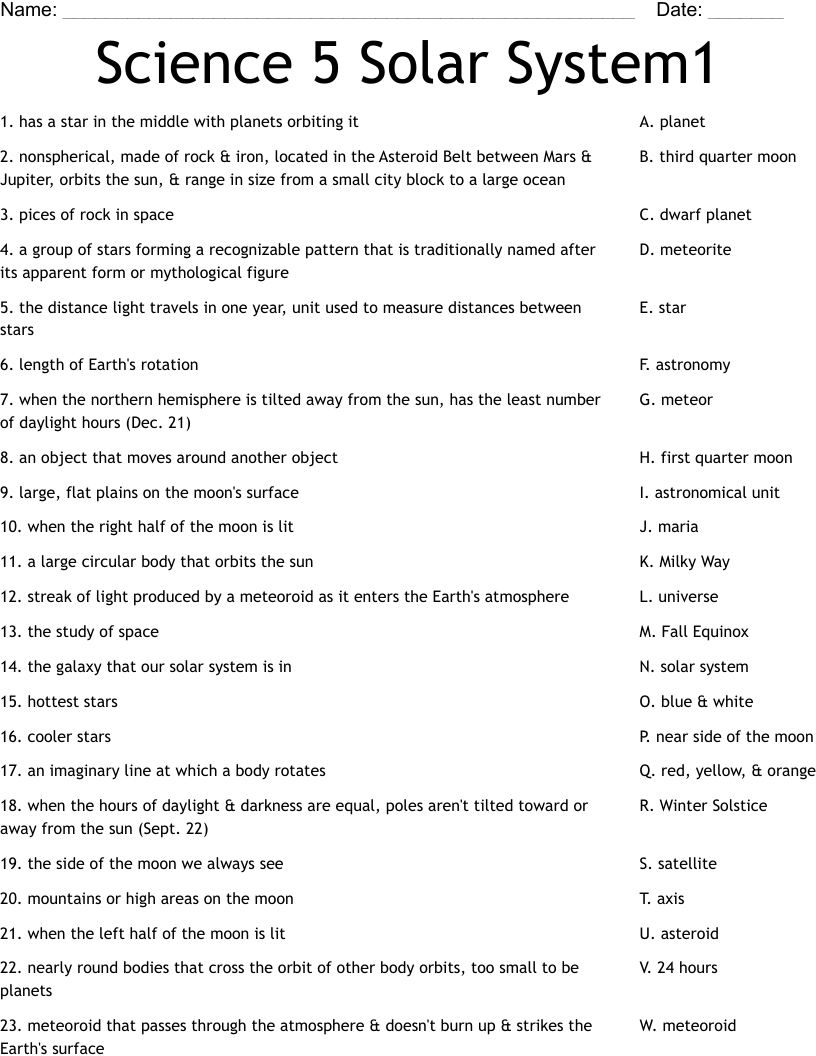 Science 5 Solar System1 Worksheet