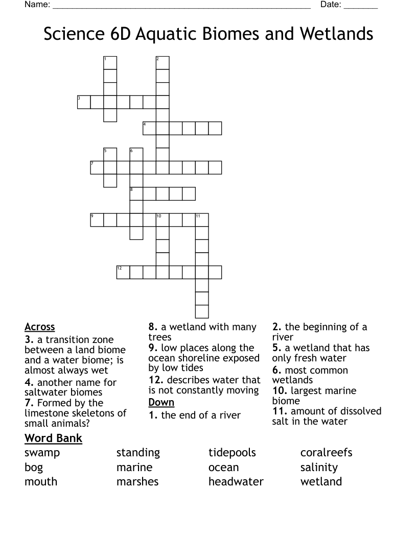 Science 6D Aquatic Biomes and Wetlands Crossword