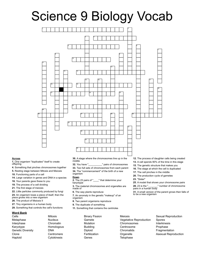 Science 9 Biology Vocab Crossword