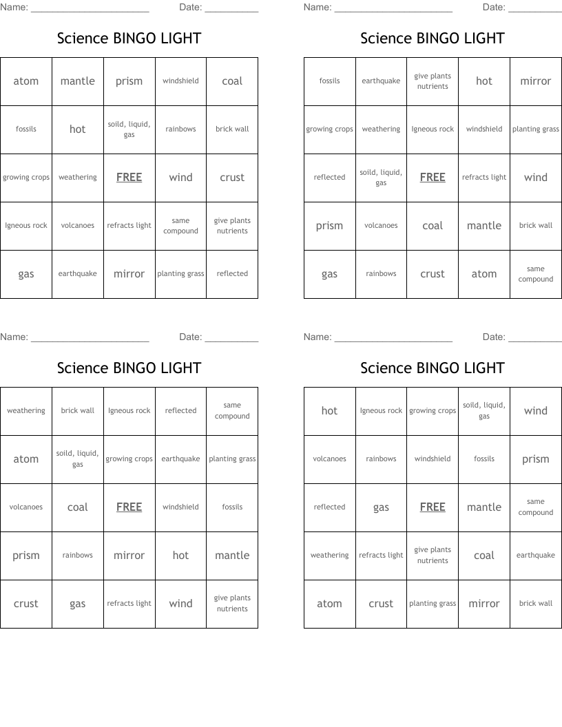 Science BINGO LIGHT