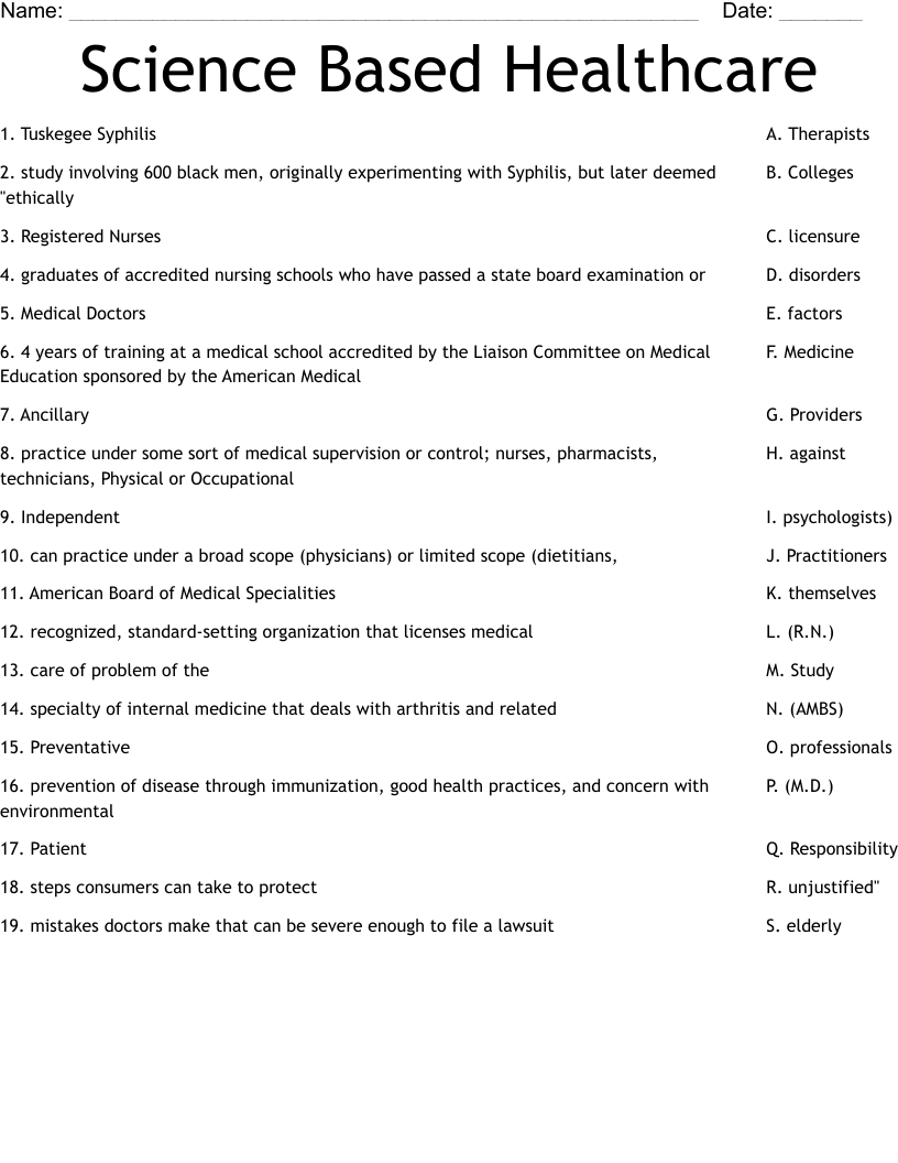 Science Based Healthcare Worksheet