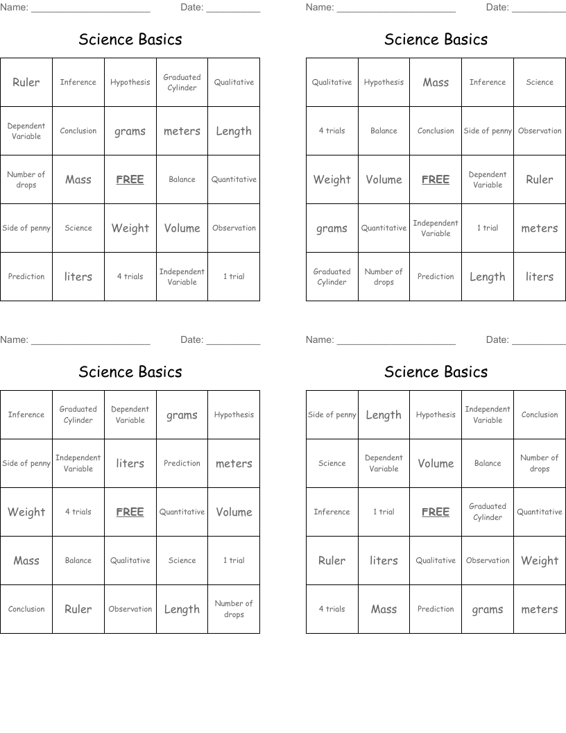 Science Basics Bingo Cards
