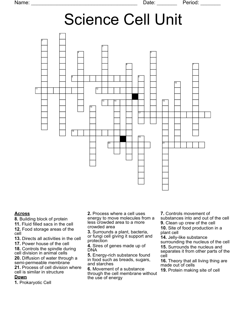 Science Cell Unit Crossword