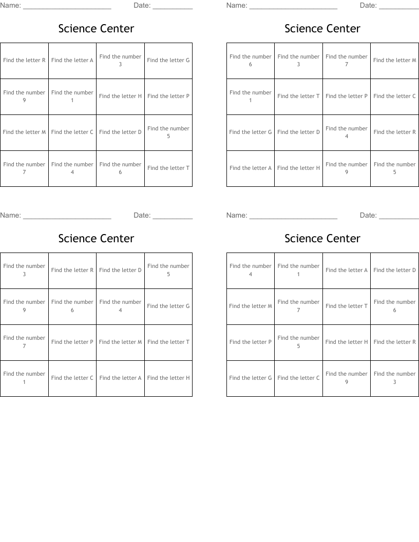 Science Center  Bingo Cards