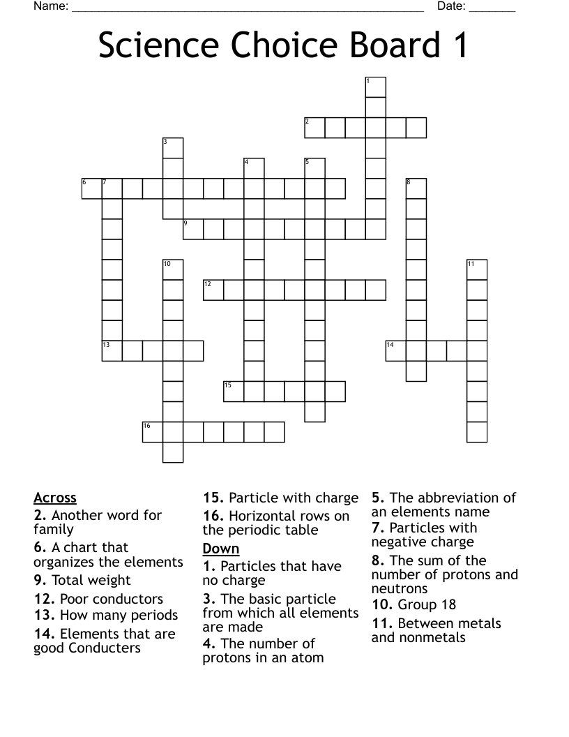 Science Choice Board 1 Crossword