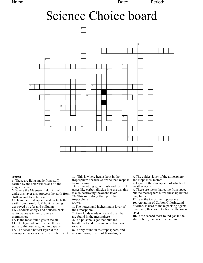 Science Choice board Crossword