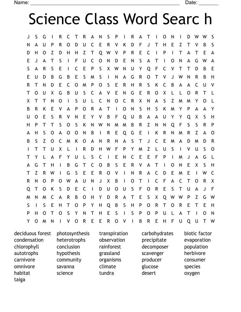 Science Class Word Searc h Word Search