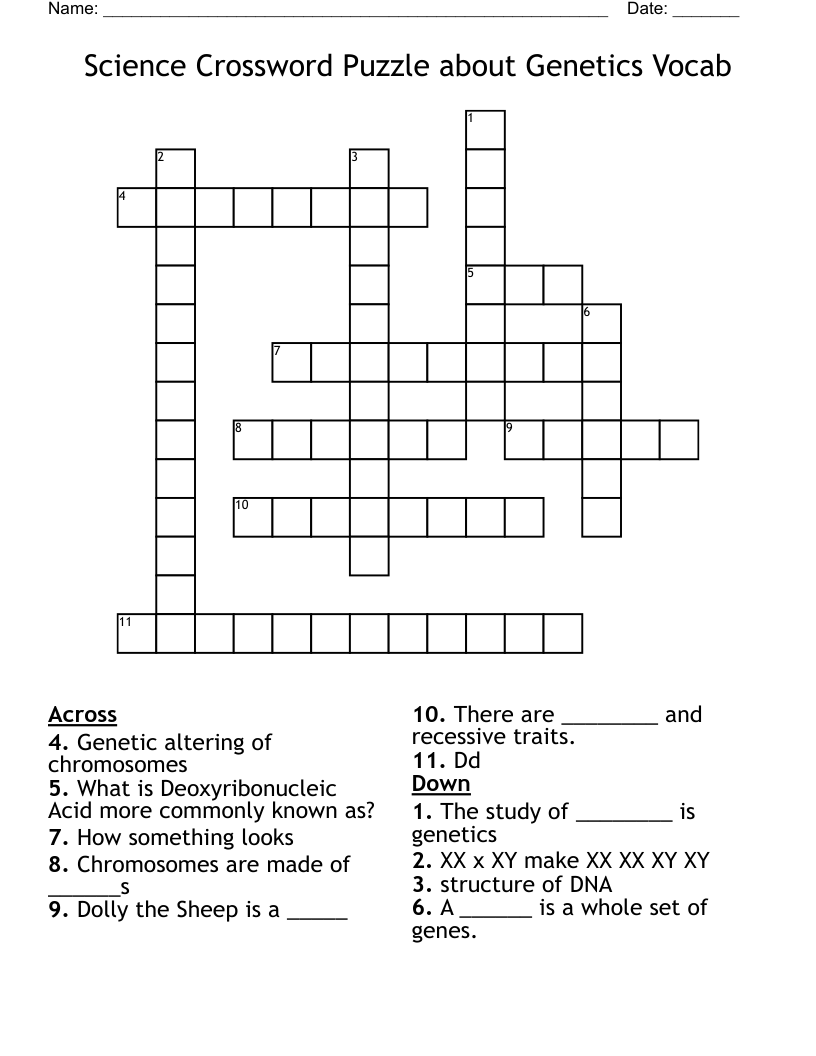 Science Crossword Puzzle about Genetics Vocab