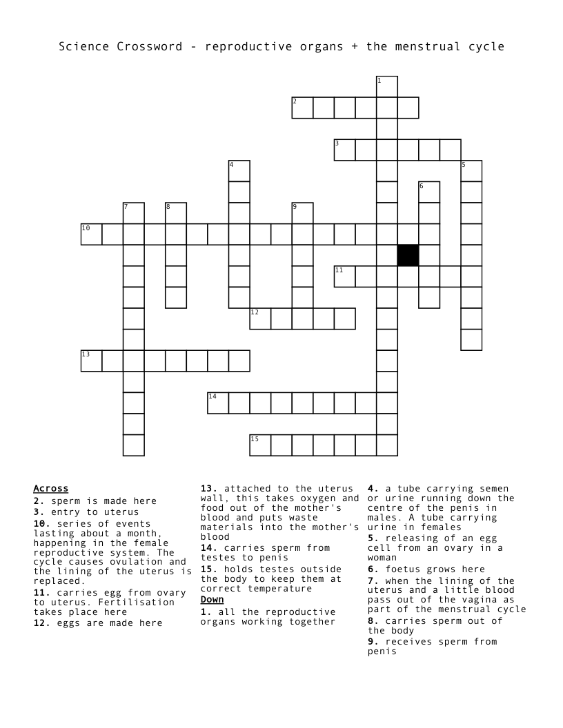 Science Crossword - reproductive organs + the menstrual cycle