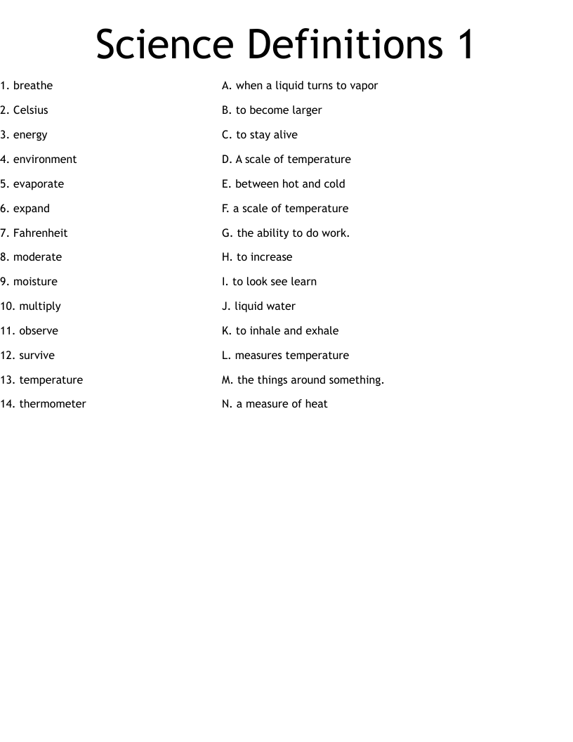 Science Definitions 1 Worksheet