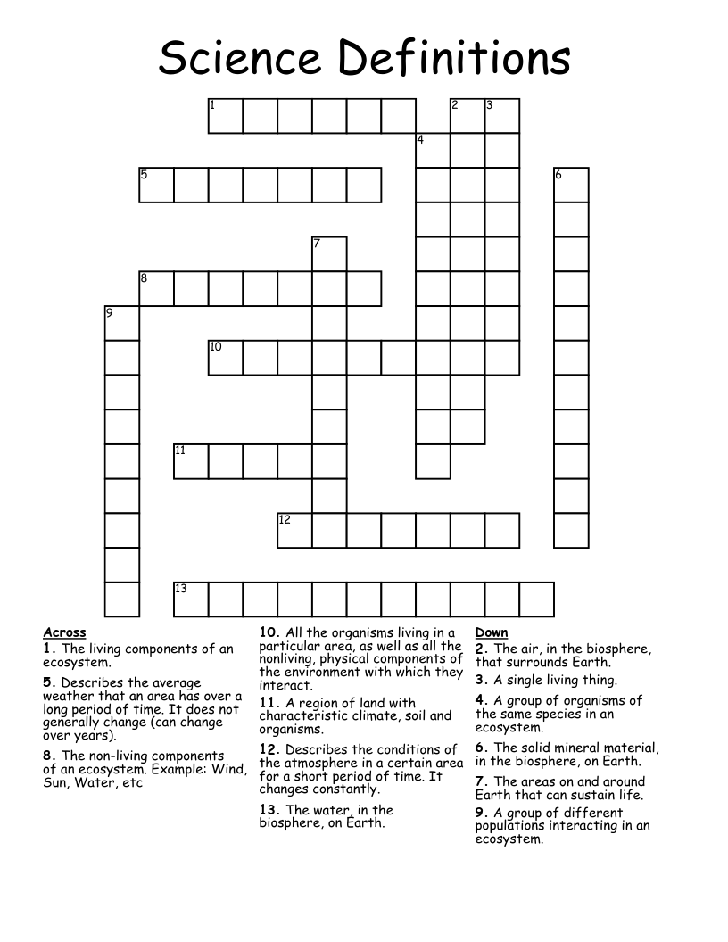 Science Definitions  Crossword