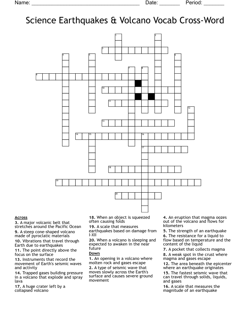 Science Earthquakes & Volcano Vocab Cross-Word Crossword