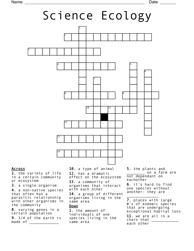 Science Ecology Crossword