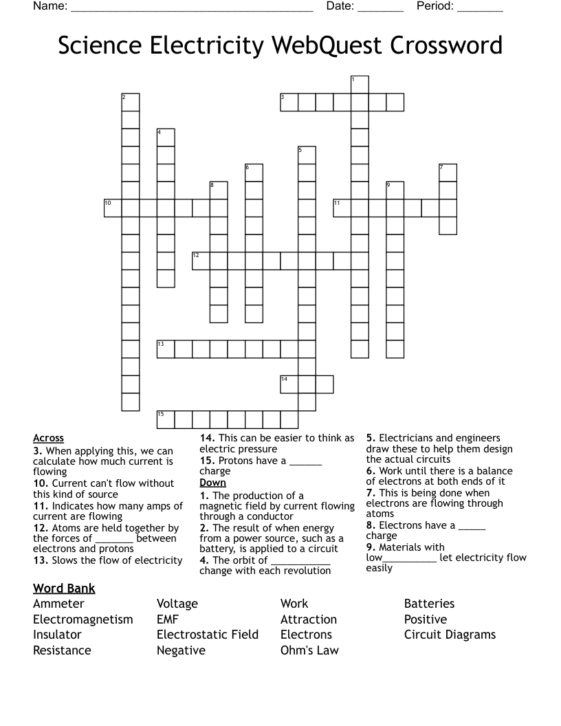 Science Electricity WebQuest Crossword