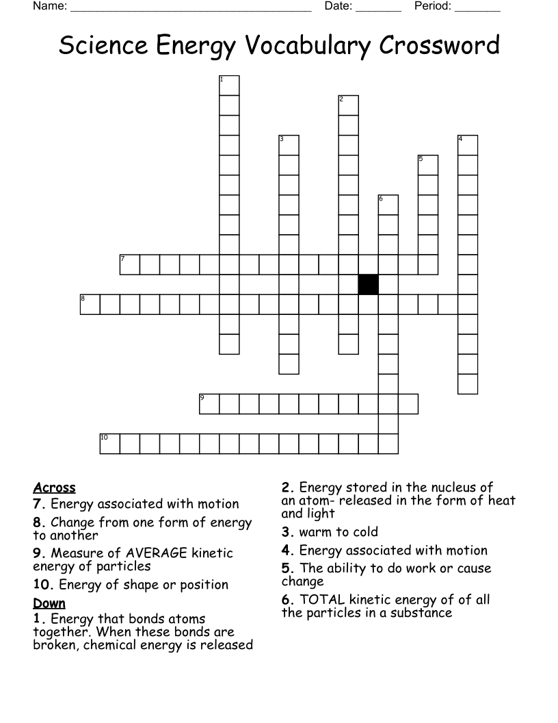 Science Energy Vocabulary Crossword