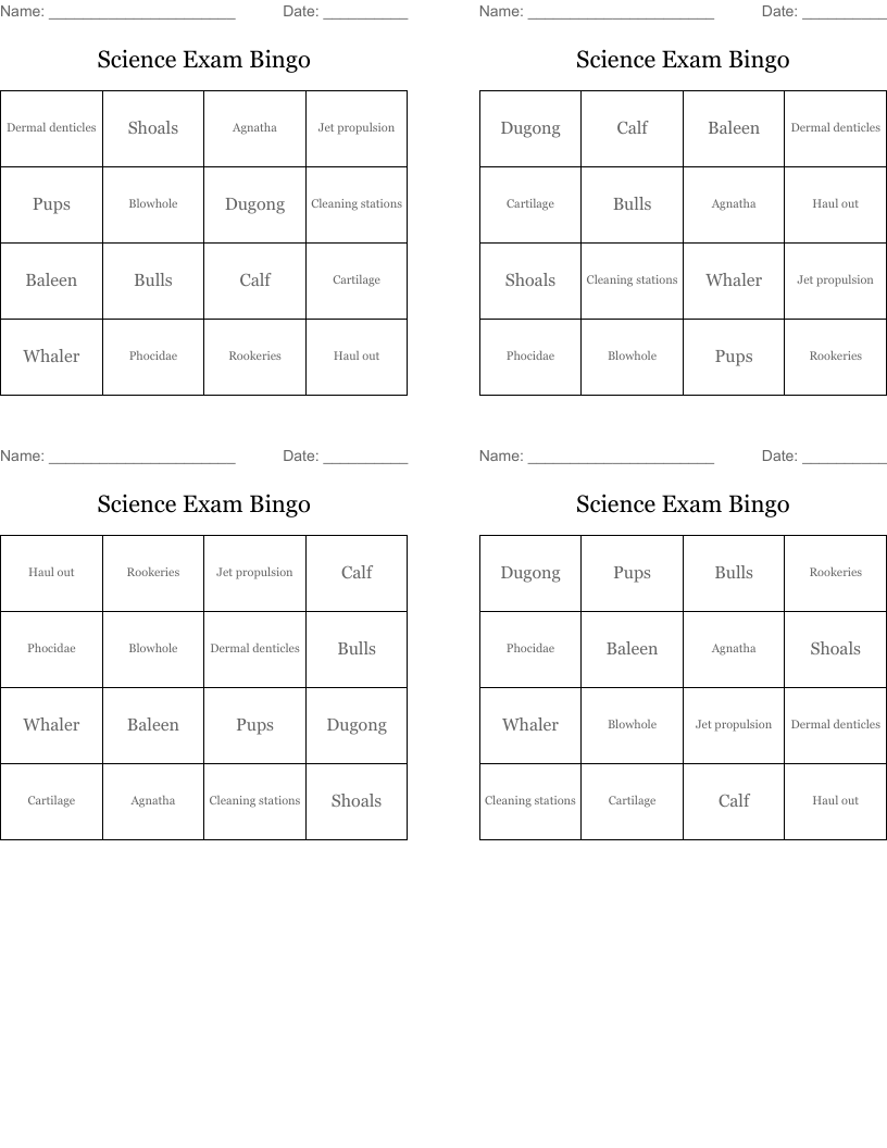 Science Exam Bingo