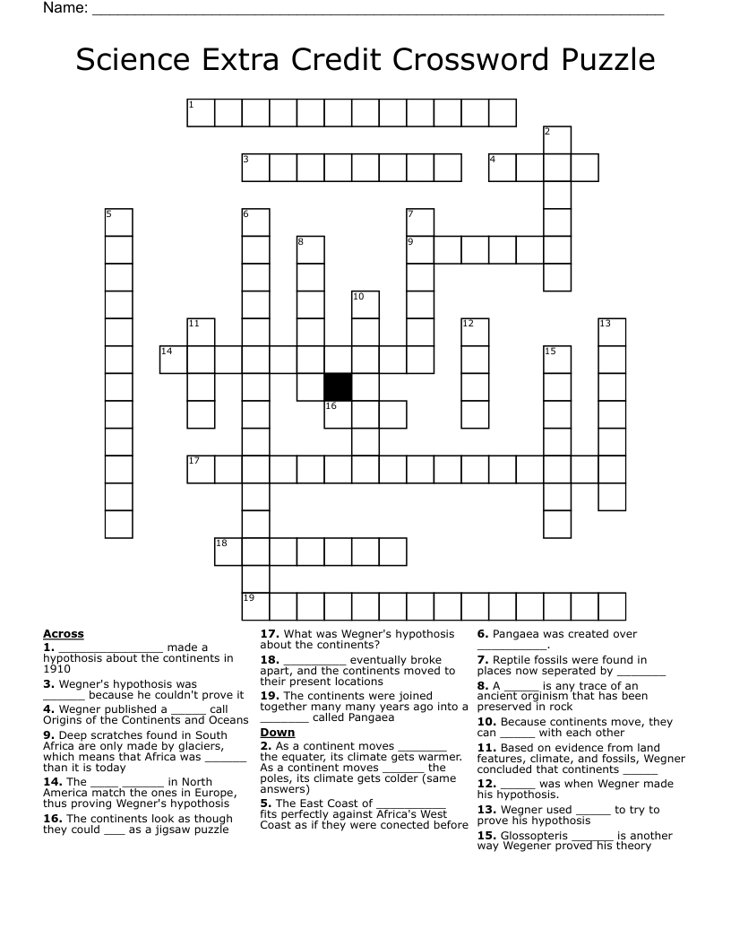 Science Extra Credit Crossword Puzzle
