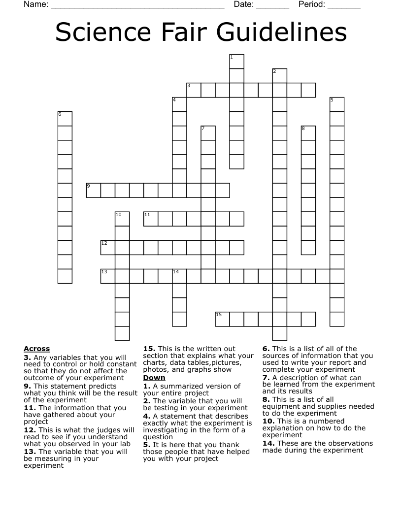 Science Fair Guidelines Crossword