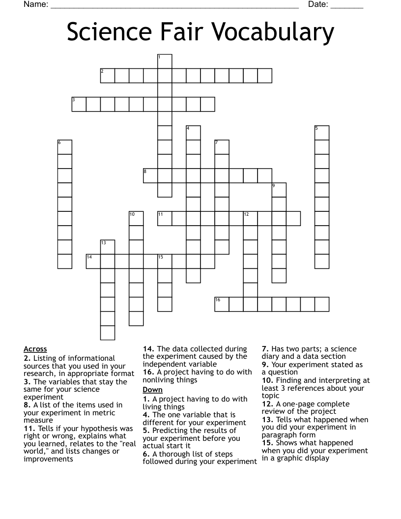Science Fair Vocabulary Crossword