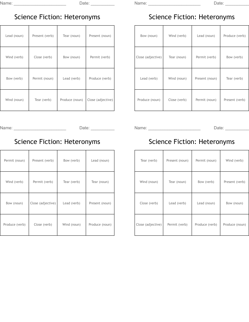 Science Fiction:  Heteronyms Bingo Cards