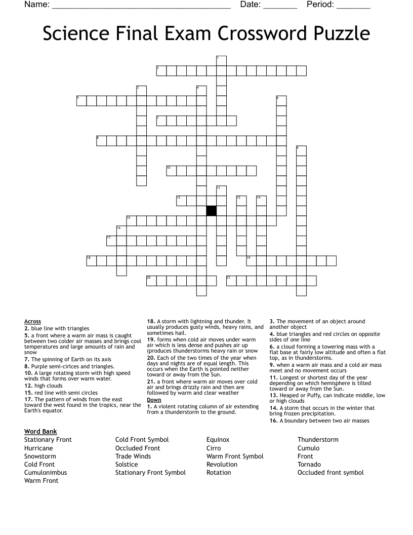 Science Final Exam Crossword Puzzle