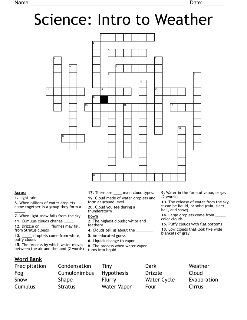 Science: Intro to Weather Crossword