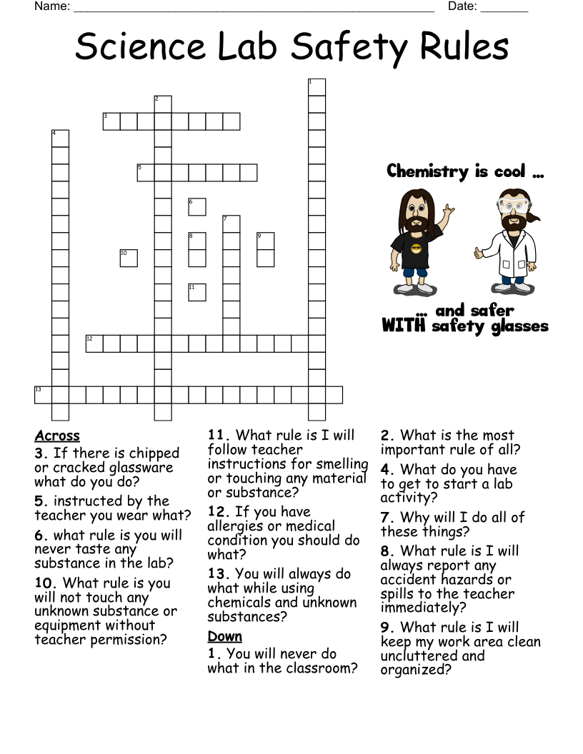 Science Lab Safety Rules Crossword