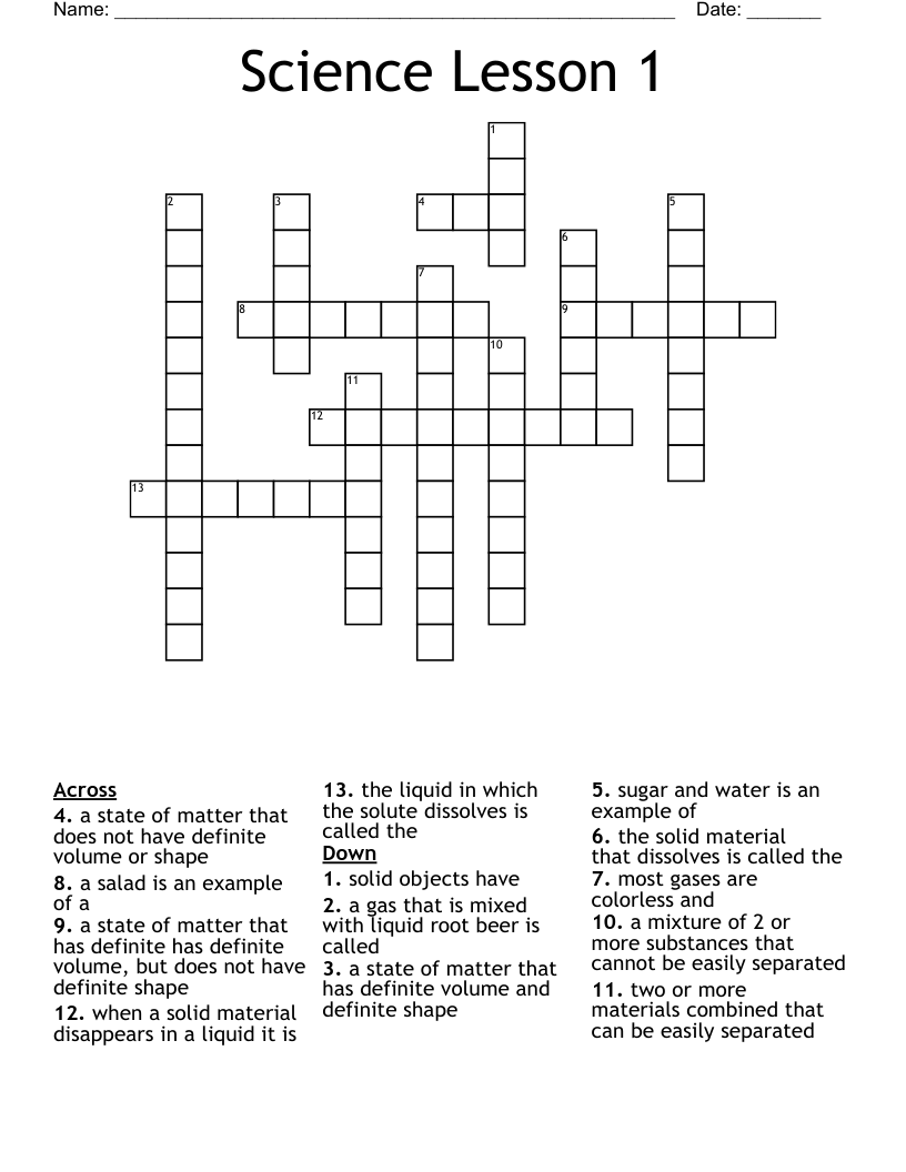 Science Lesson 1 Crossword