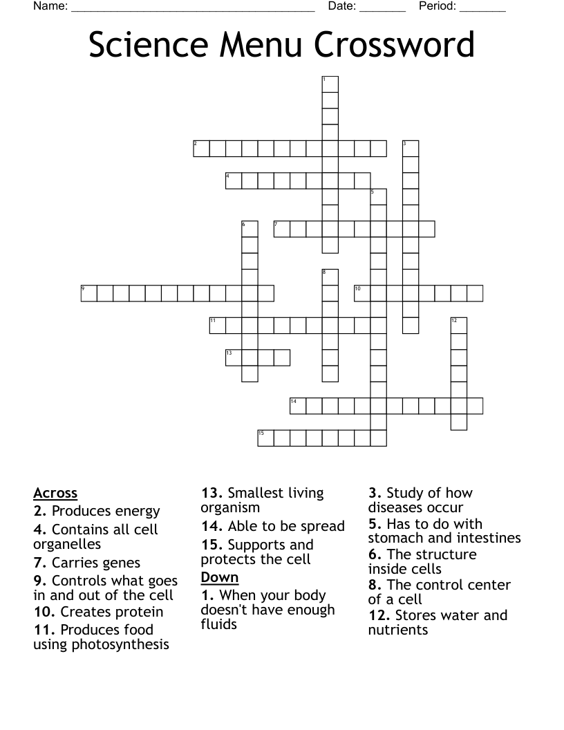 Science Menu Crossword